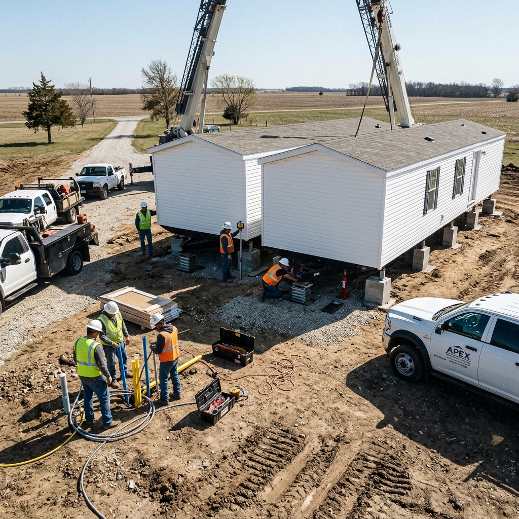 An installation crew setting and levelling a manufactured home on its pier foundation